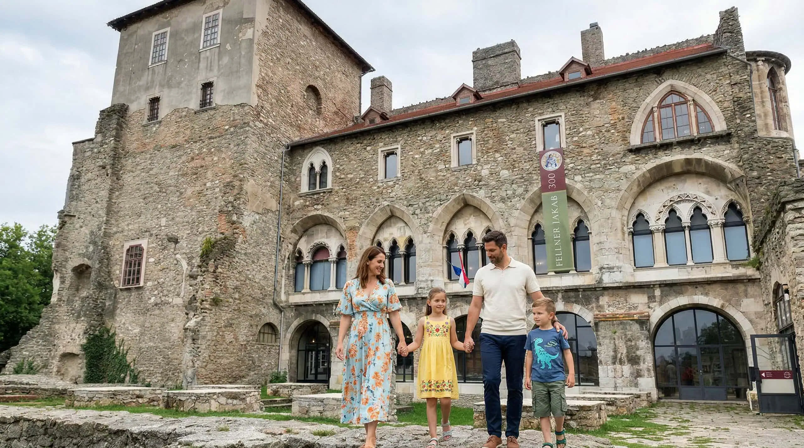 A képen egy család sétál a Tatai vár előtt, ahol a Kuny Domokos Múzeum működik, így a történelmi környezet egyszerre kínál élményt a felnőtteknek és a gyerekeknek is. A Tatai vár az egyik legismertebb tatai program, ezért belföldi nyaralás gyerekkel is remek választás, különösen akkor, ha a közelben keresel tatai szállás lehetőséget. A vár és az Öreg-tó környéke együtt igazán hangulatos része a tatai kikapcsolódásnak.